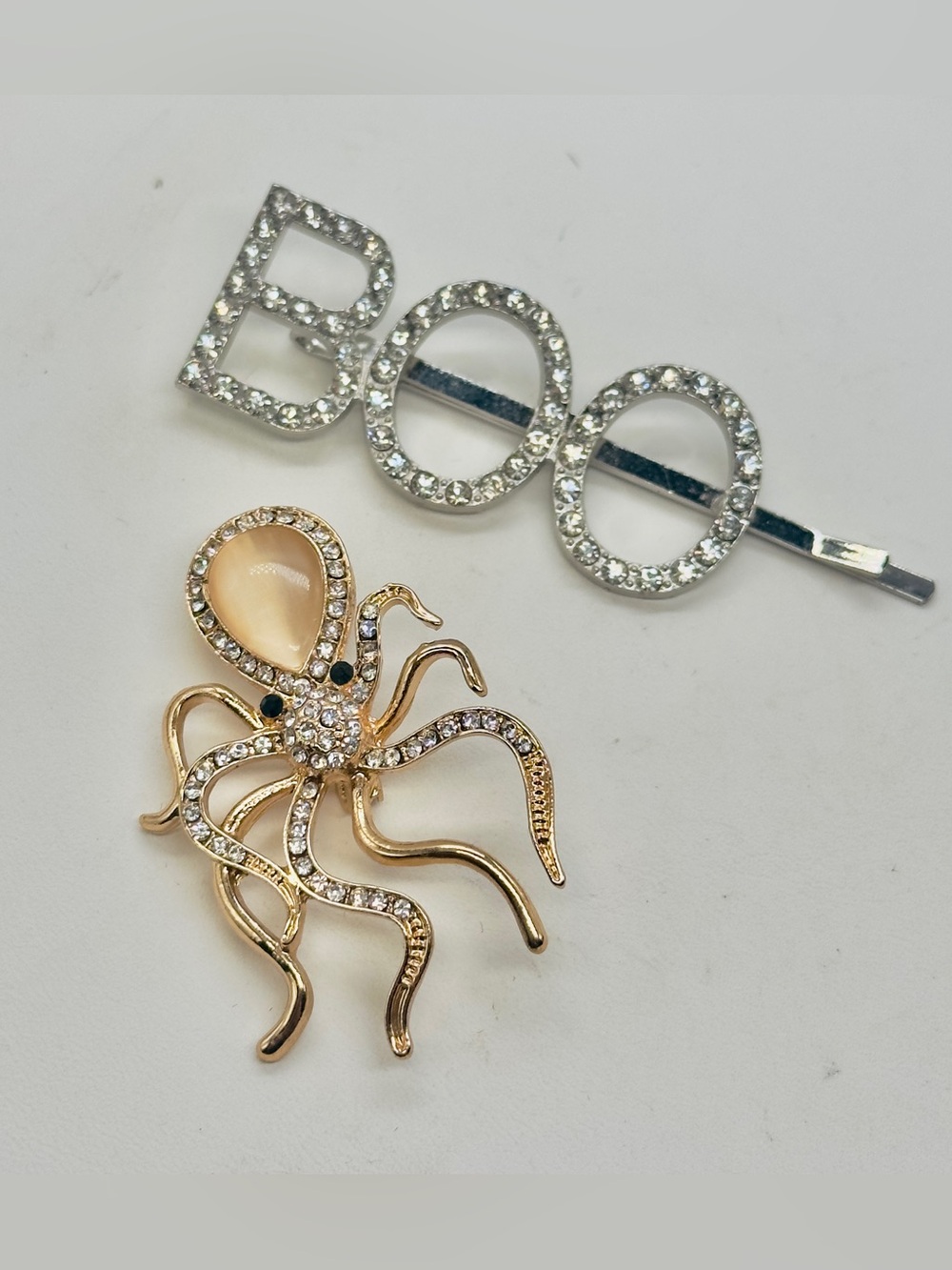 Gold Tone Spider Brooch and BOO Hair Barrette Silver Tone Rhinestone Halloween